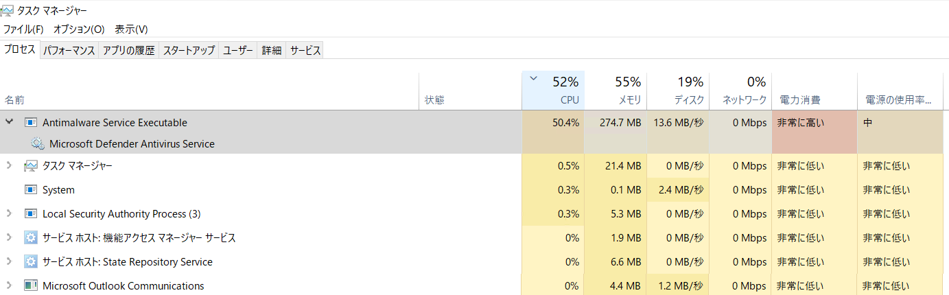 MDAV のプロセスが CPU リソースを消費している